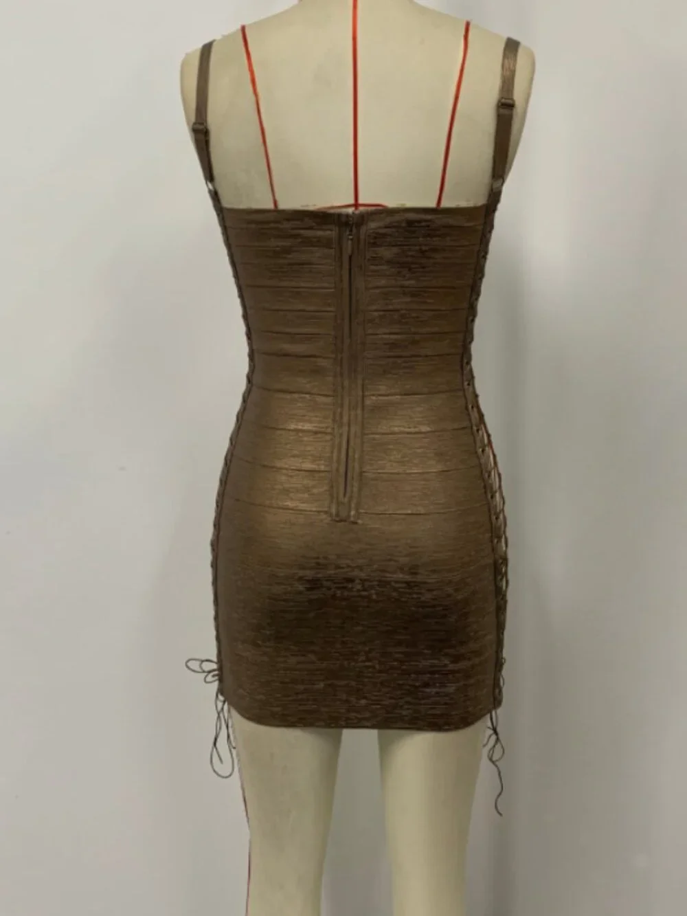 Gold Metallic Lace Up Side Cutout Spaghetti Strap Bandage Mini Dress